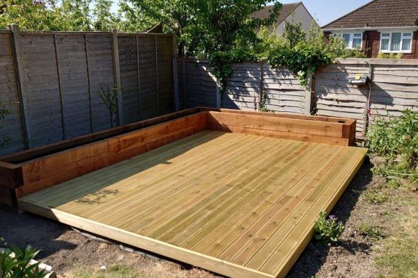 Garden Deck, Raised Planters & Rockery Waterfall