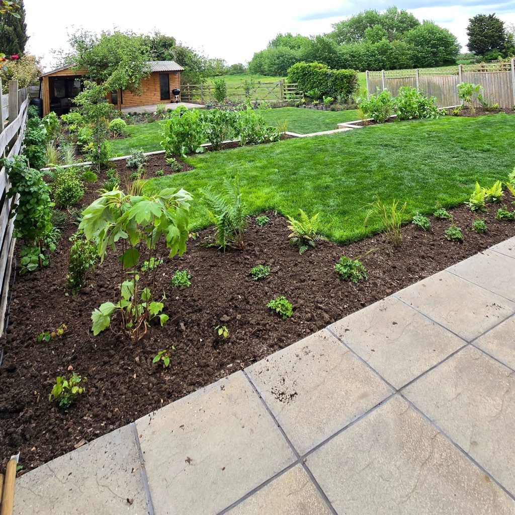 Newly landscaped garden with turf, borders and paved terrace