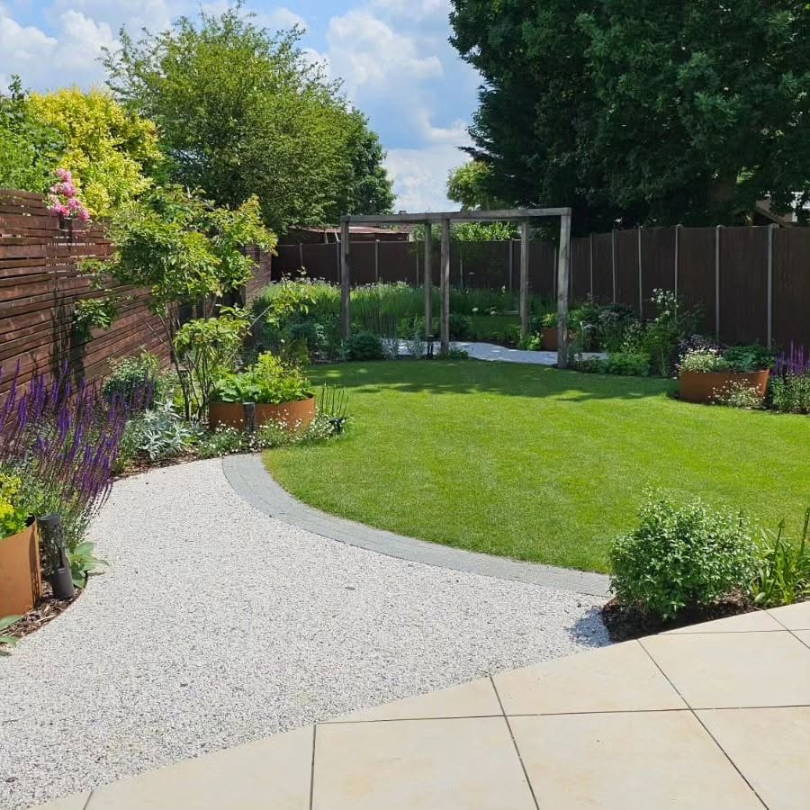 Contemporary Garden with Curved Path & Pergola