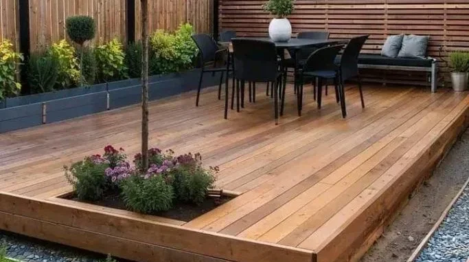 Timber decking with integrated planter and outdoor dining area